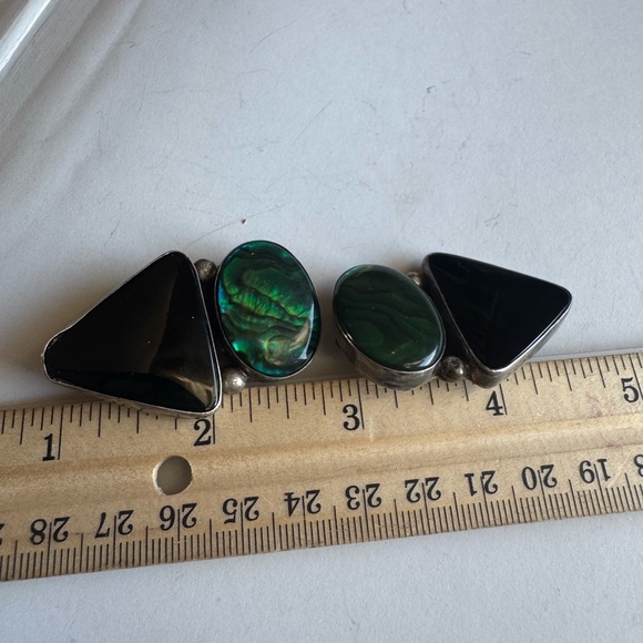 Elegant Sterling Silver Green Abalone and Black Onyx Clip Earrings 26.6g - Picture 15 of 15